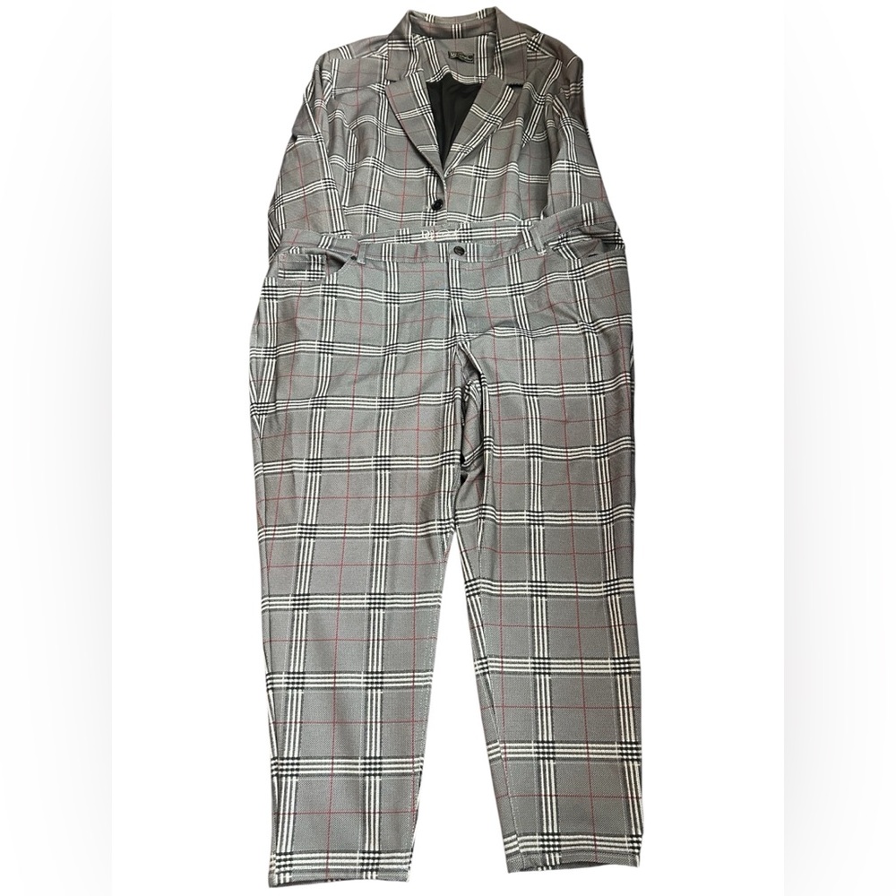 DG2 by Diane Gilman Women’s Suit Gray Plaid Blazer Pants Subtle Red Windowpane - Picture 9 of 12